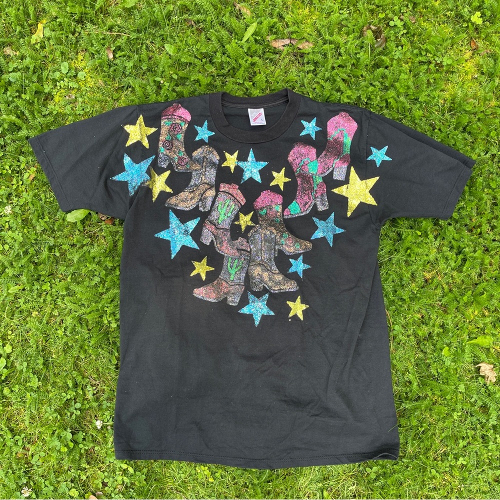 Vintage Jerzees country western cowboy boots & stars glitter graphic tee Size L